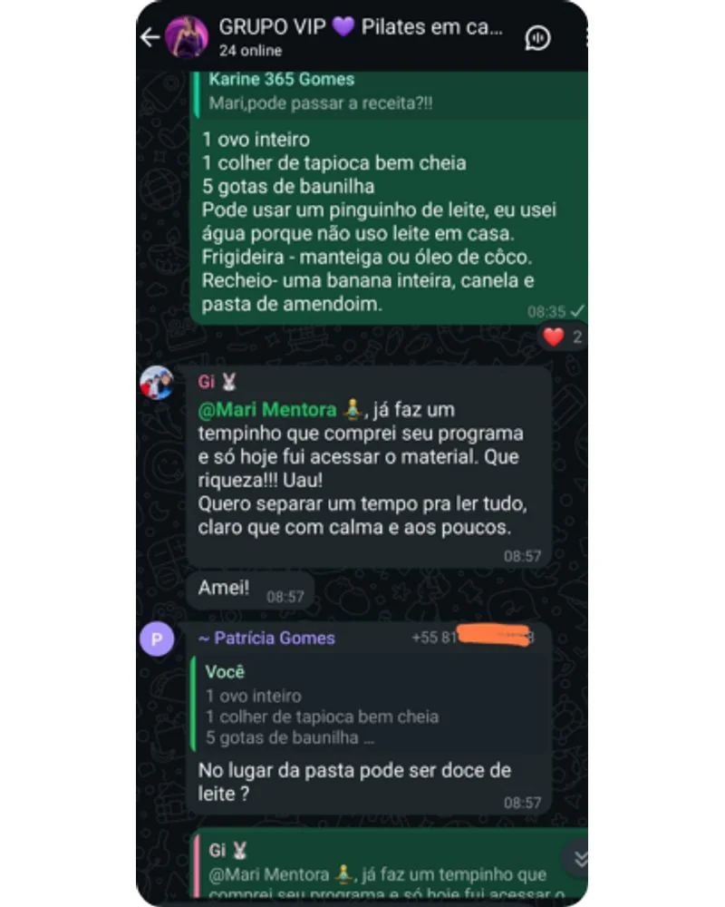 Conversa no grupo VIP: alunas trocam receita de tapioca com banana, canela e pasta de amendoim e elogiam o material do programa