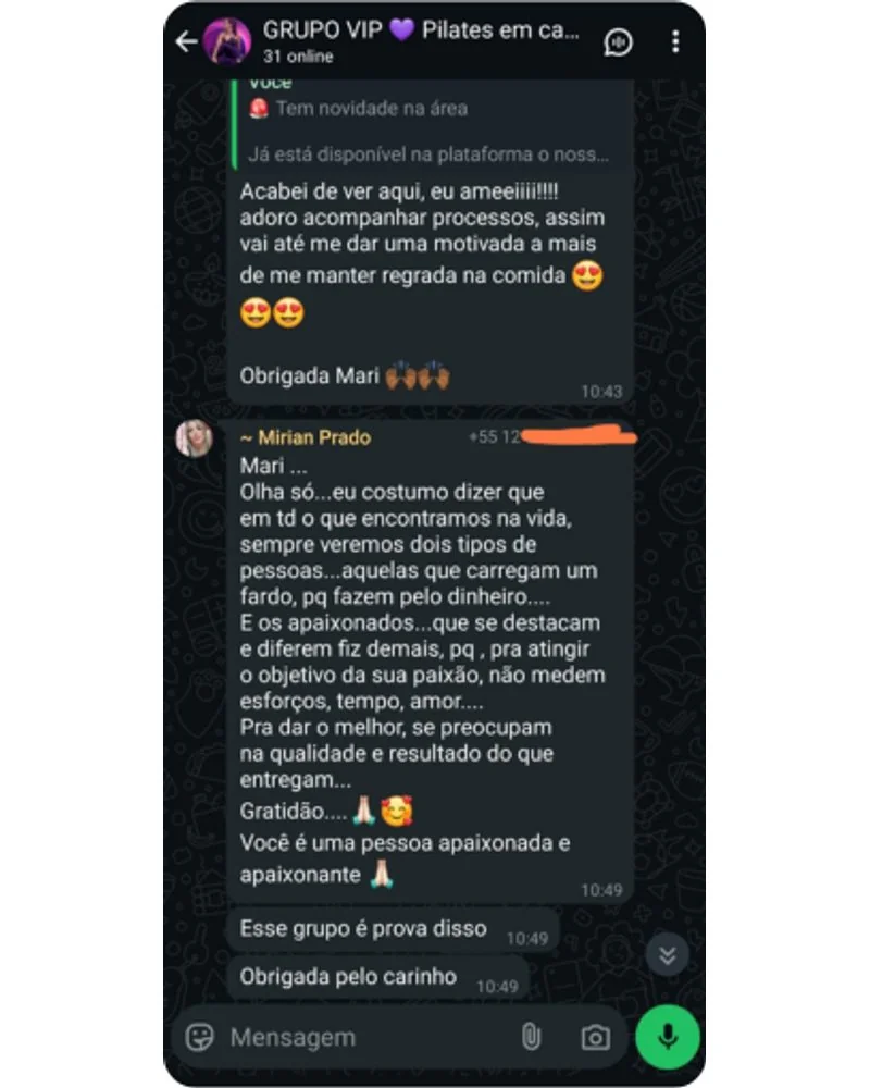 Conversa no grupo VIP: aluna Mirian Prado agradece a dedicação da Mari e outra aluna celebra motivação para manter a rotina