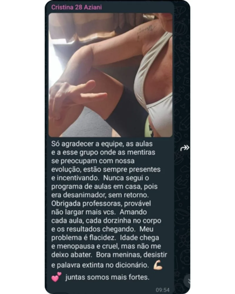 Depoimento de Cristina no grupo VIP: nunca seguiu programa em casa por desânimo; está amando cada aula, com resultados chegando; trata flacidez na menopausa