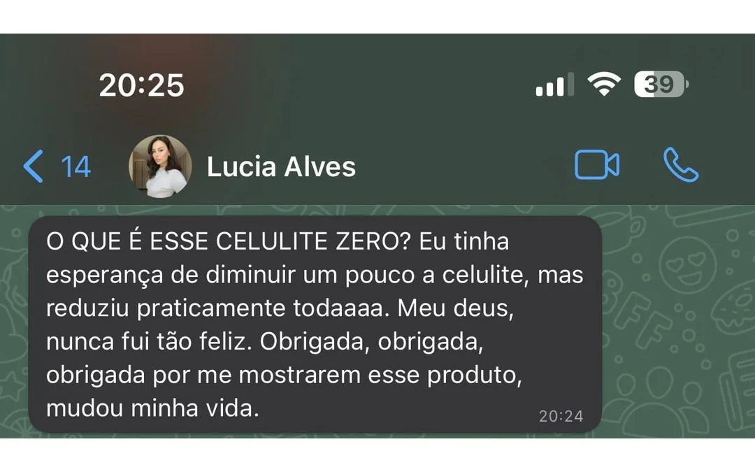 Depoimento de Lucia Alves no WhatsApp: esperava diminuir um pouco a celulite, mas reduziu praticamente toda; diz que mudou a vida dela